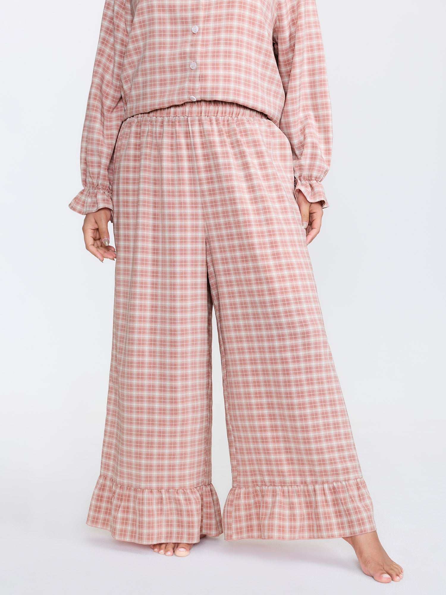 Gingham Ruffled Hem Loungewear Set