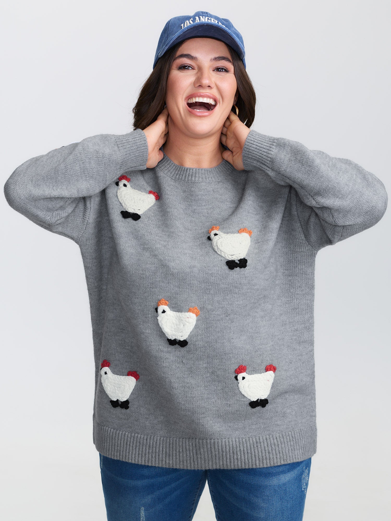 Chicken Embroidered Crew Neck Pullover