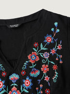 Embroidered Neckline A-Line Ruffled Knee-Length Dress