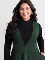 Corduroy Stretchy Waist V-Neck Midi Dress