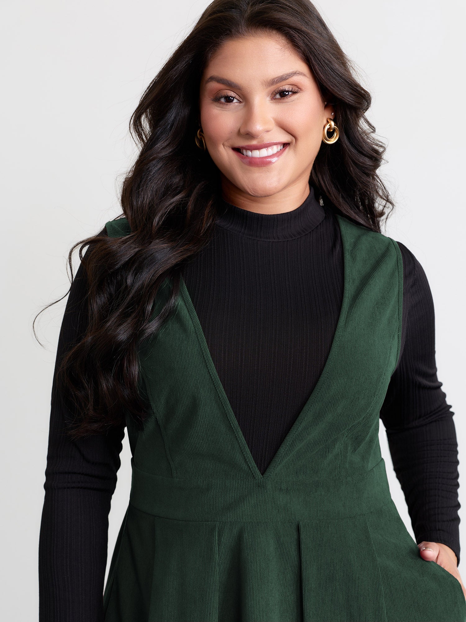 Corduroy Stretchy Waist V-Neck Midi Dress