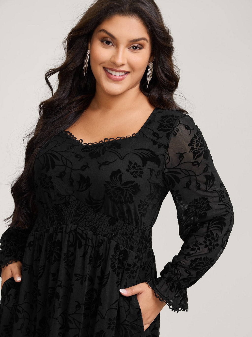 Textured Floral Shirred Waist Knee-Length Dress