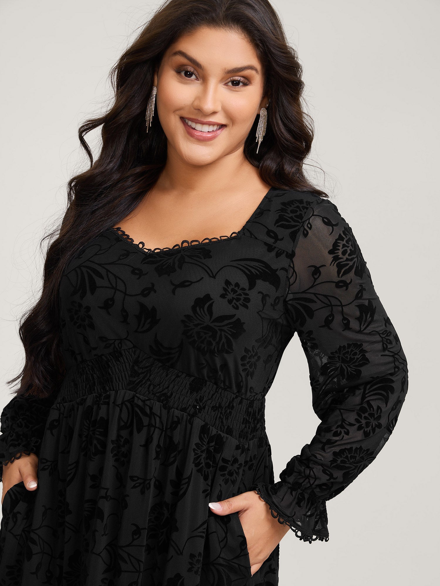 Textured Floral Shirred Waist Knee-Length Dress