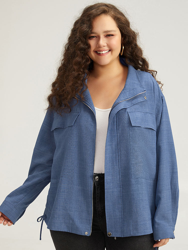 Plain Flap Pocket Zipper Lapel Collar Coat