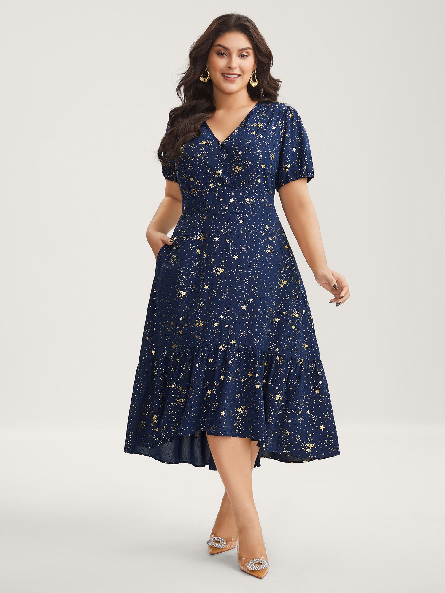 Starry Sequins Ruffled Hem Midi Dress