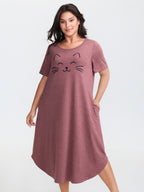 Happy Cat Print Stretchy Contrast Sleep Dress