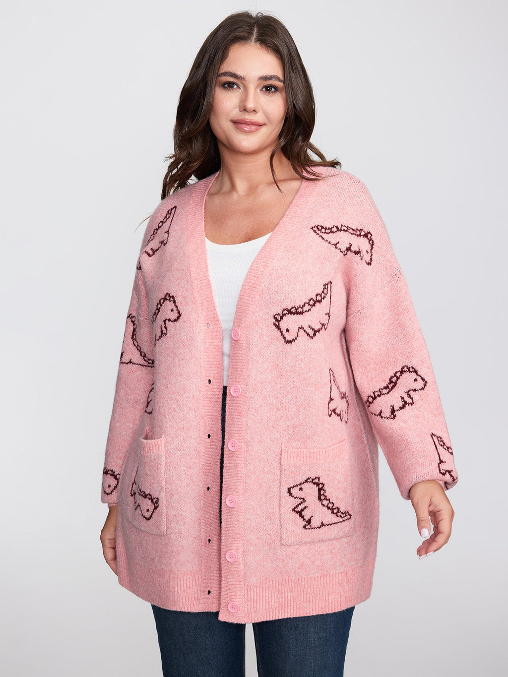 Jacquard Dinosaur Print Knit Cardigan