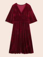Velvet Ruched Surplice Neckline Midi Dress