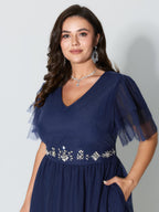 Rhinestone Triangular Mesh Cinched-Waist Maxi Dress