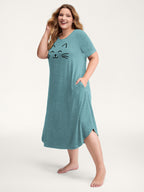 Happy Cat Print Stretchy Contrast Sleep Dress