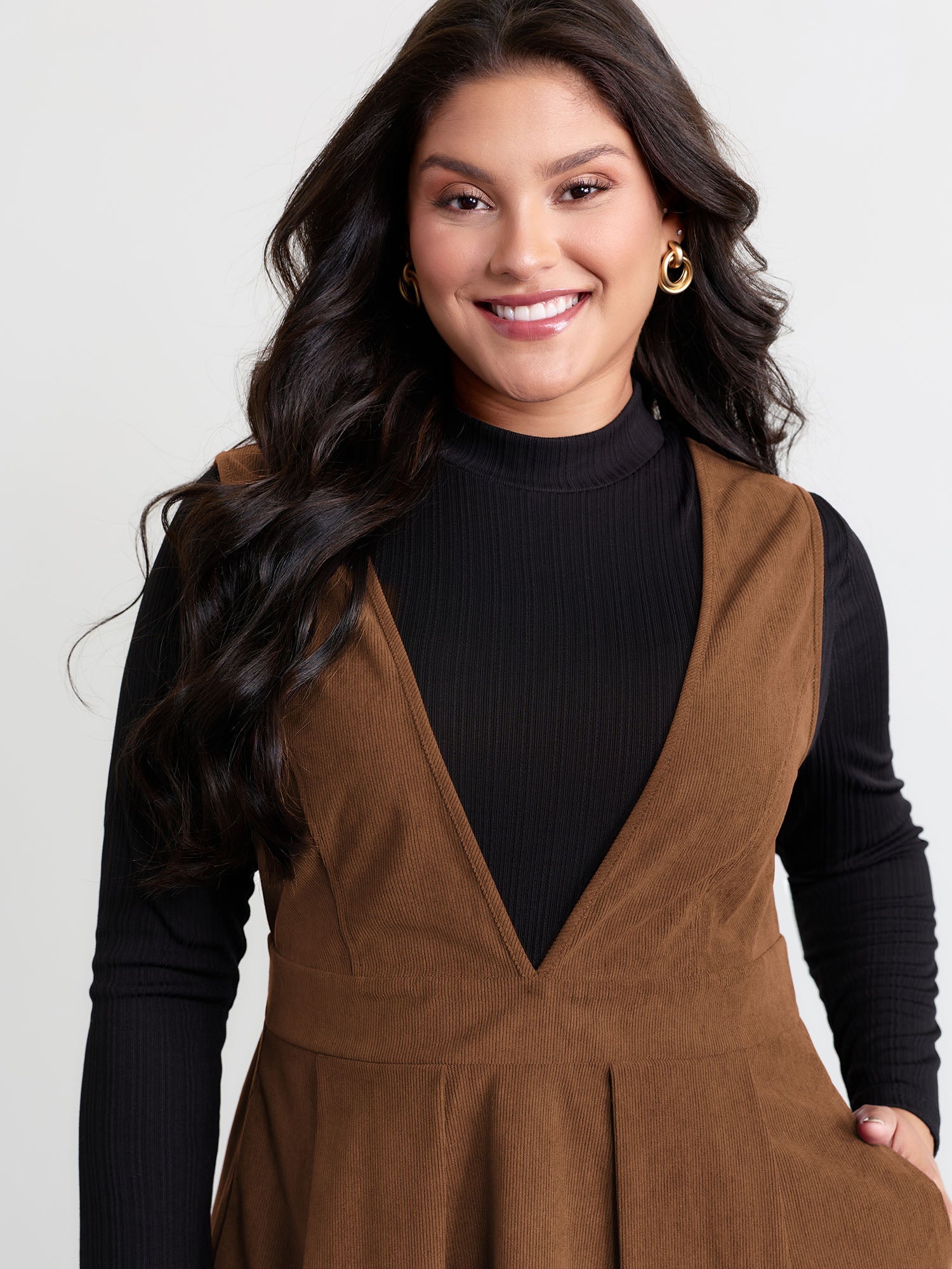 Corduroy Stretchy Waist V-Neck Midi Dress