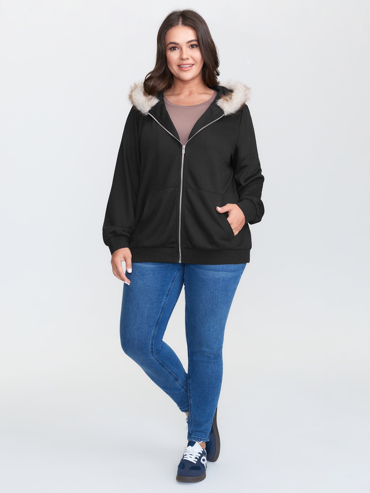 Fur Collar Stretchy Zipper Jacket