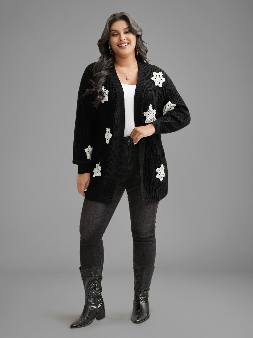 Snowflakes Embroidered  Open Cardigan