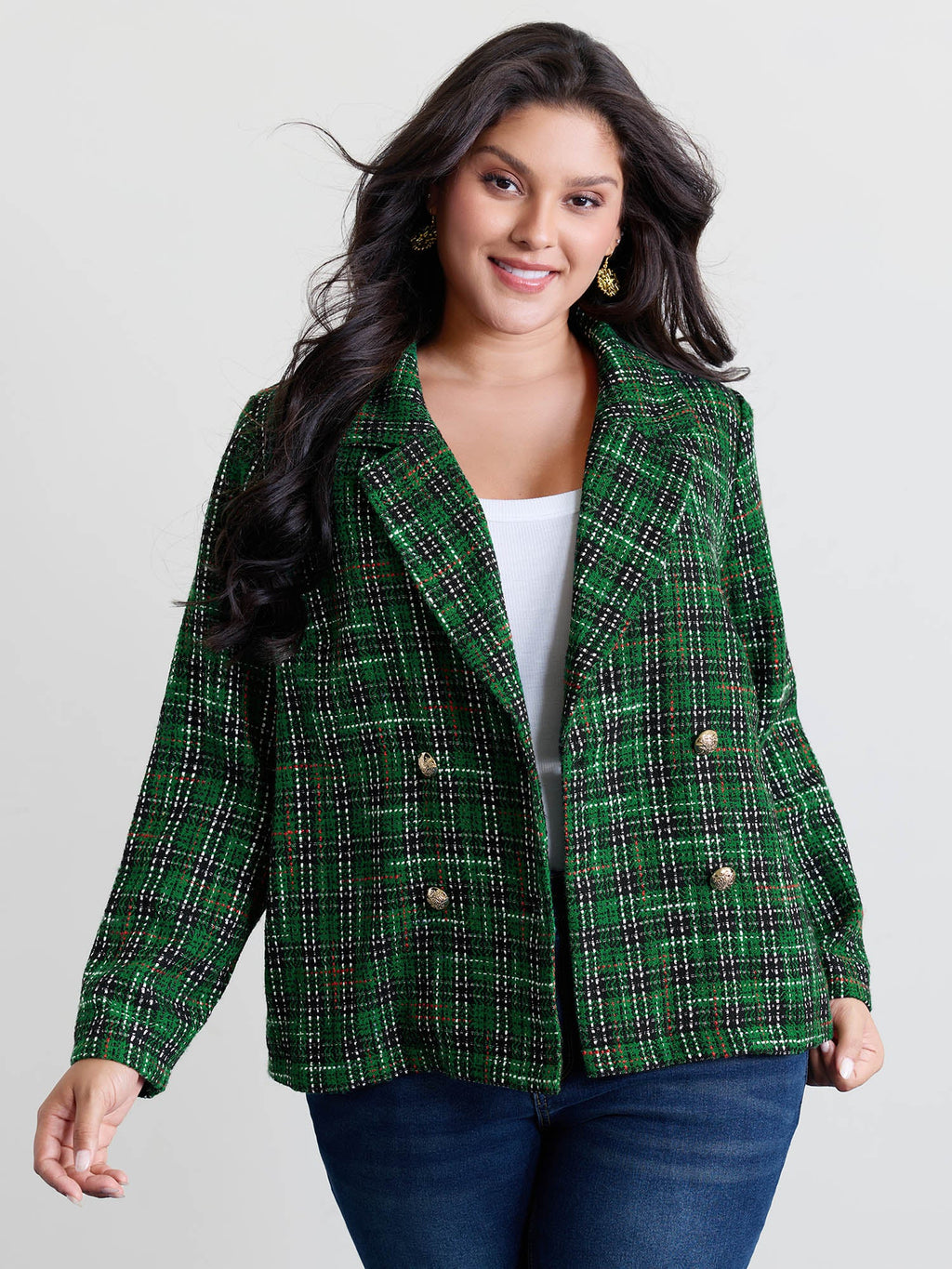 Tweed Plaid Double Button Jacket