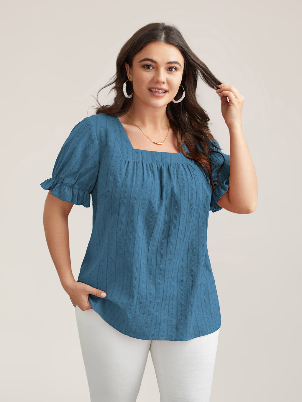 Cotton Square Neck Ruffled Sleeve Shirt