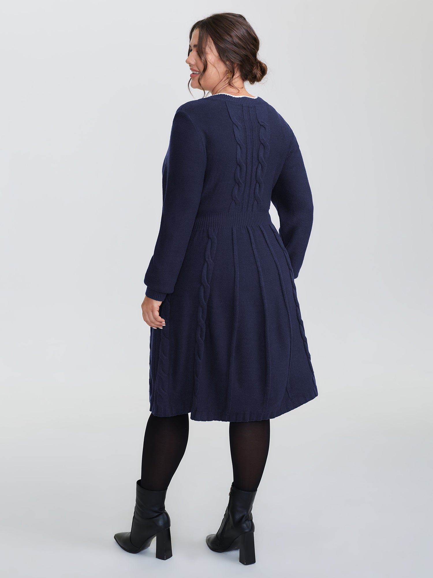 Scalloped V-Neck Fit and Flare Sweater Dress