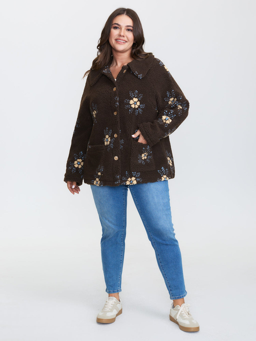 Fluffy Floral Pattern Pocket Coat