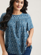 Floral Ruffle Sleeve Gathered Round Neck Blouse