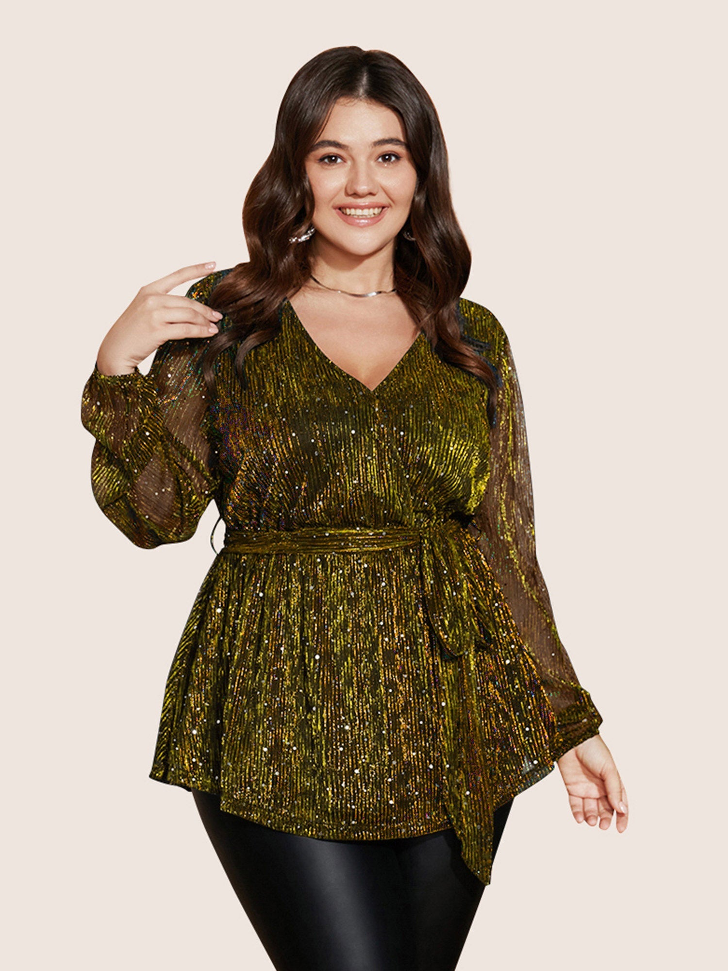 Sequin Mesh Lantern Sleeve Wrap Belted Striped Blouse