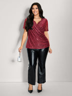 Shimmery Wrap Neck Sheer Sleeve T-Shirt