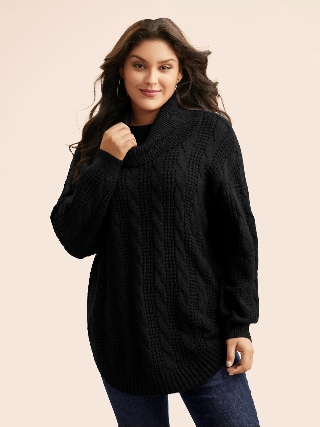 Turtleneck Cable Knit Curved Hem Pullover