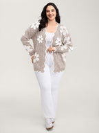 Floral Pattern Open-Front Knitted Cardigan