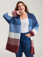 Colorblock Contrast Texture Button Cardigan