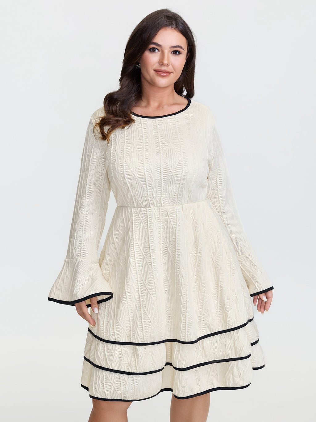 Textured Layered Hem Color Contrast Midi Dress