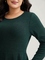 Solid Pocket Rib Knit Ruffle Hem Dress Without Belt