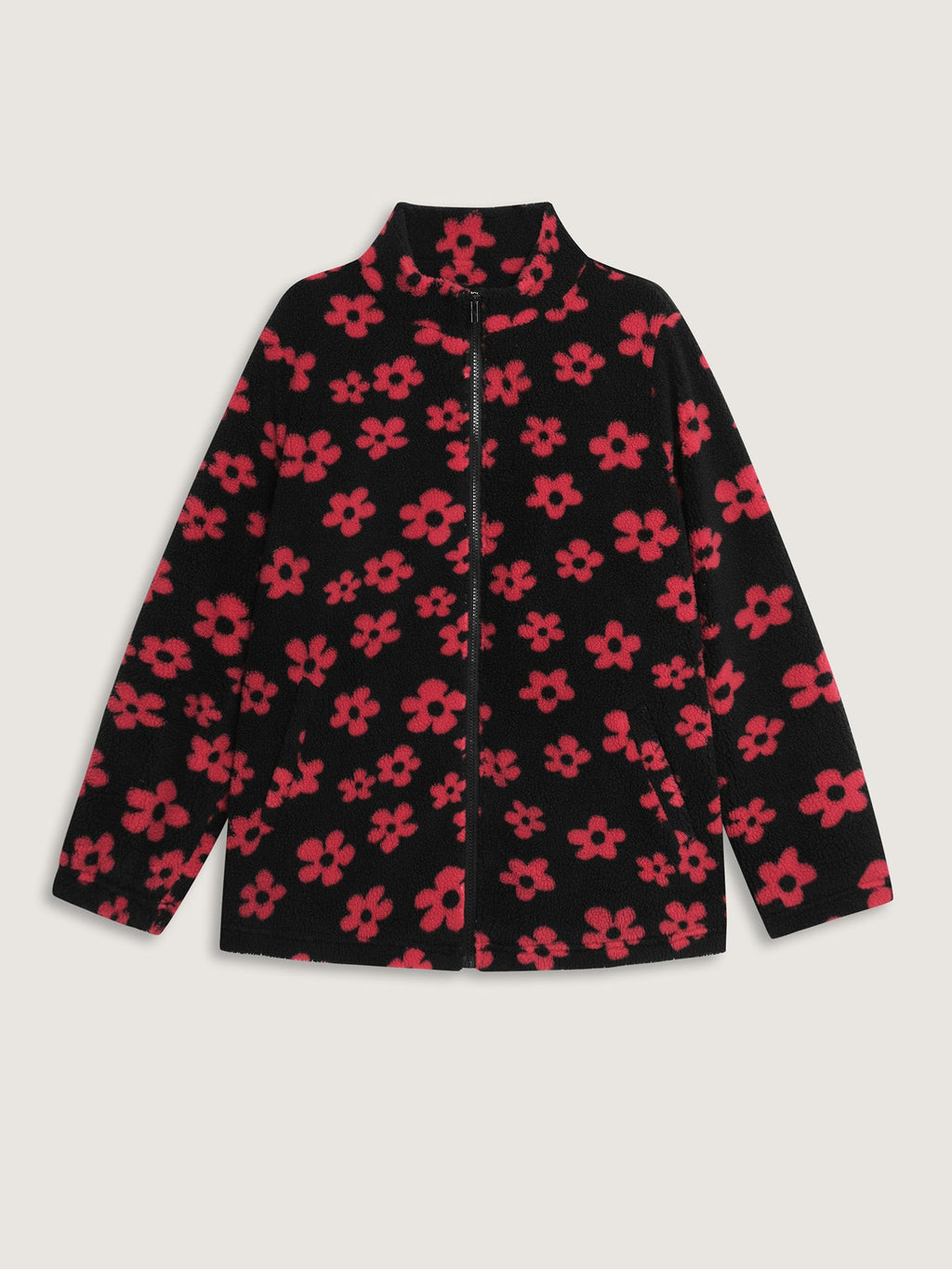Jacquard Plush Floral Zipper Jacket