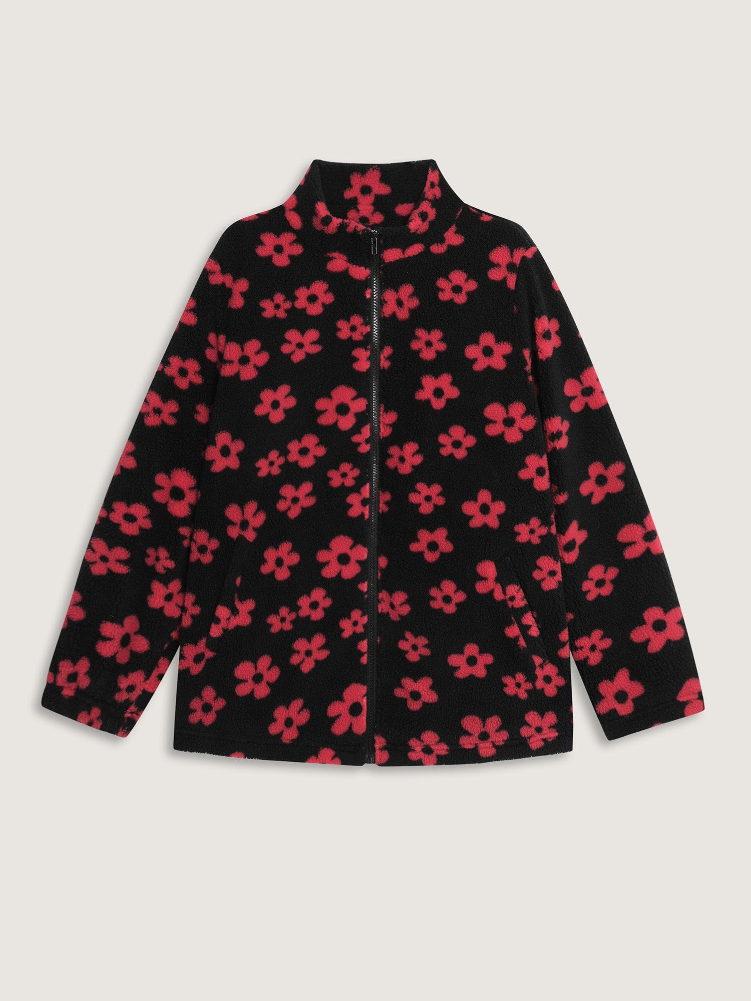 Jacquard Plush Floral Zipper Jacket