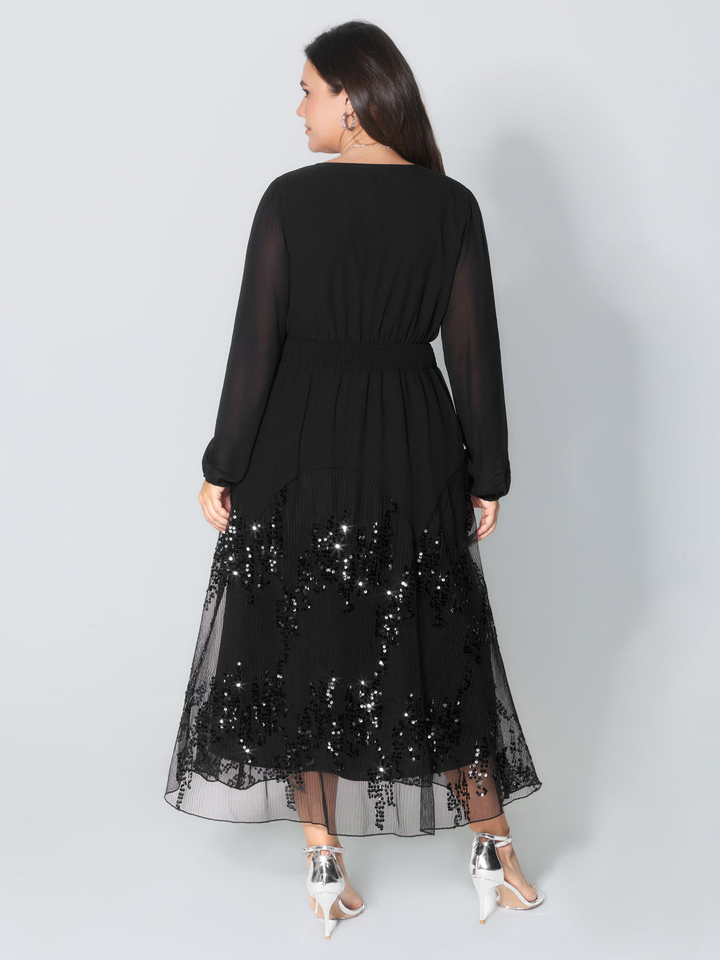 Sequin Mesh Asymmetrical Hem Maxi Dress