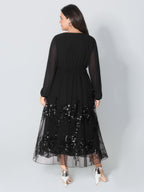 Sequin Mesh Asymmetrical Hem Maxi Dress