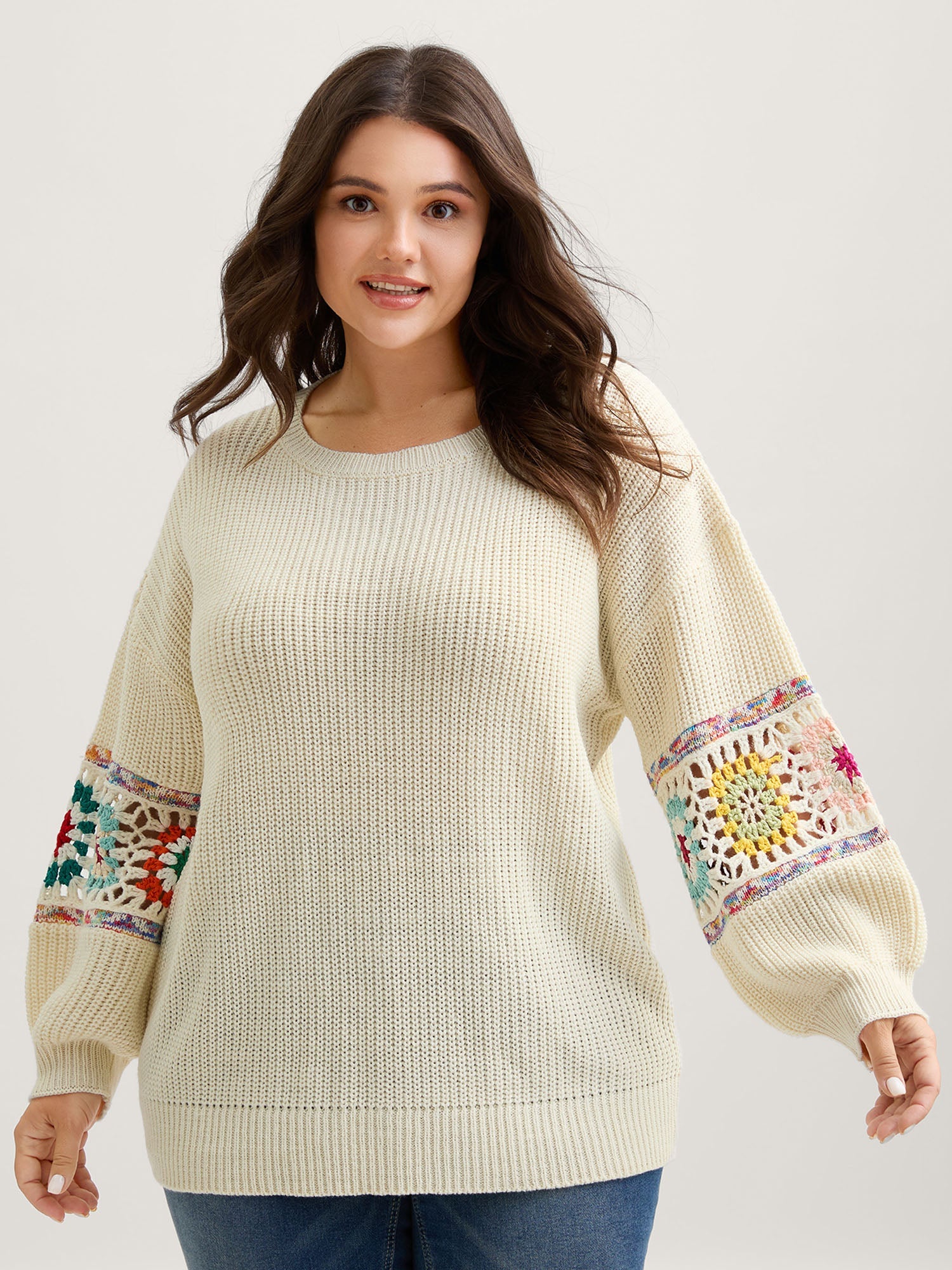 Crochet Floral Sleeve Lace Trim Pullover