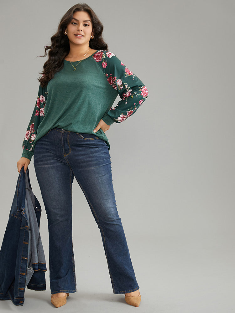 Floral Patchwork Crew Neck Raglan Sleeve T-shirt