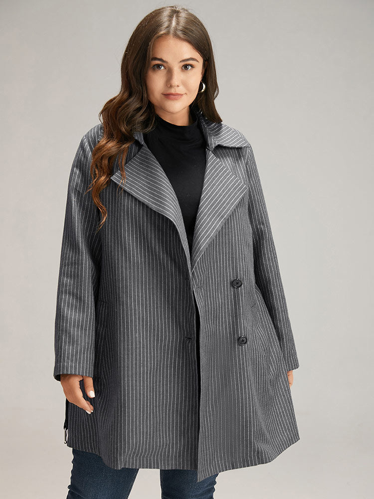 Striped Belted Lapel Collar Tunic Coat