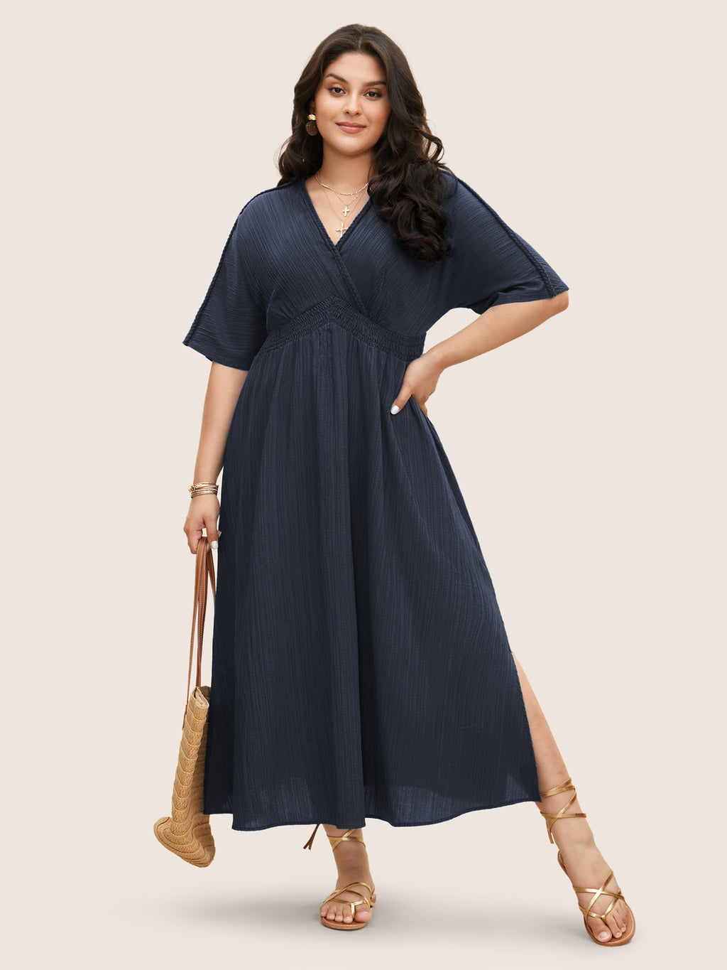 V Neck Shirred Contrast Webbing Split Side Dress