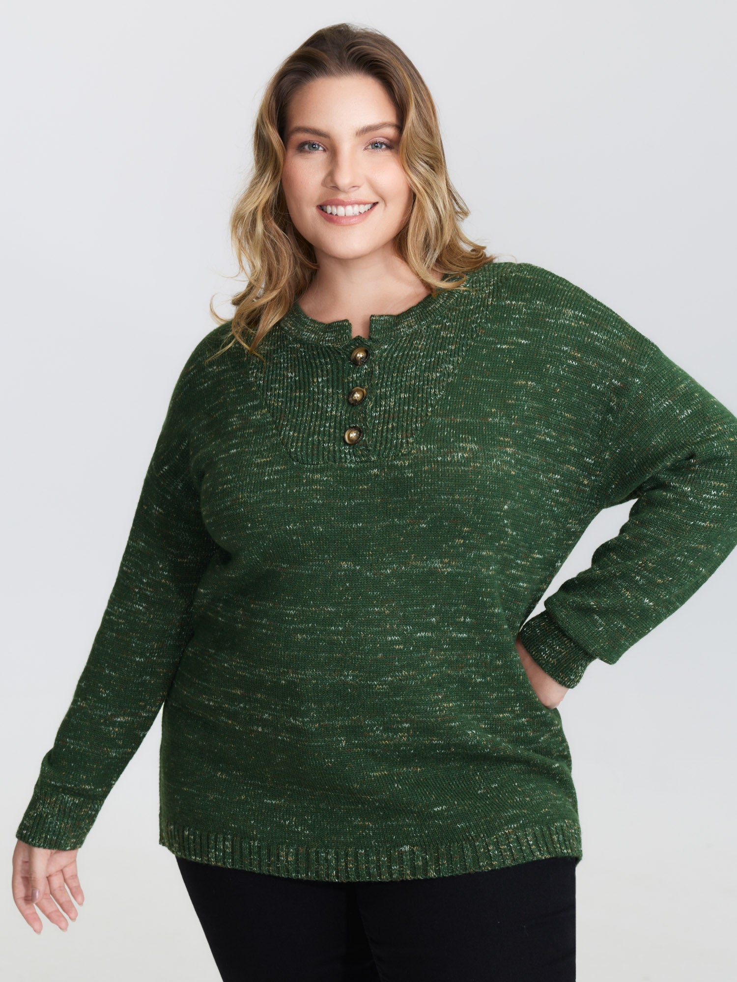 Heather Textured Button Neck Pullover