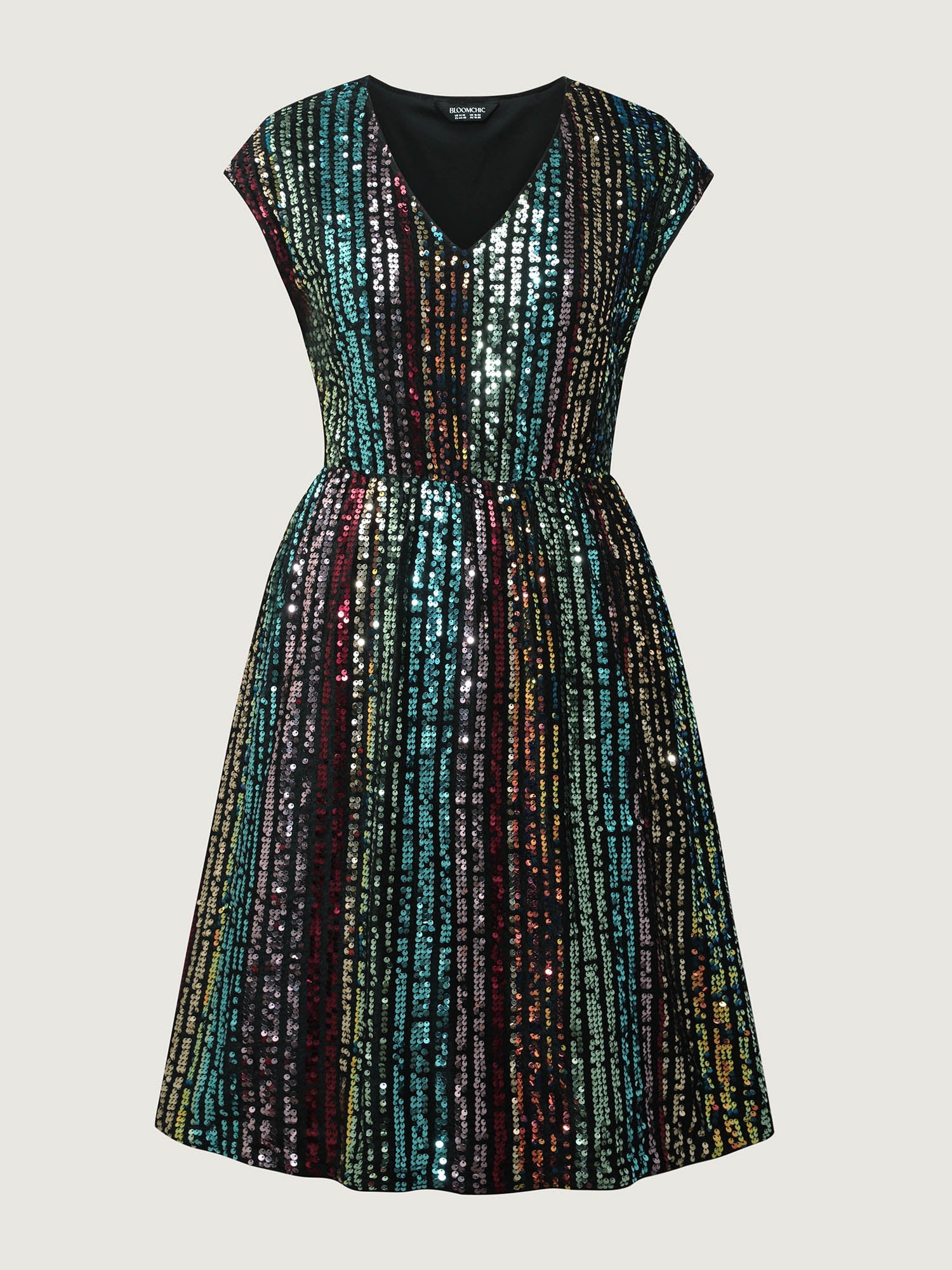 Shimmery Sequin Stripe Cinched-Waist Midi Dress