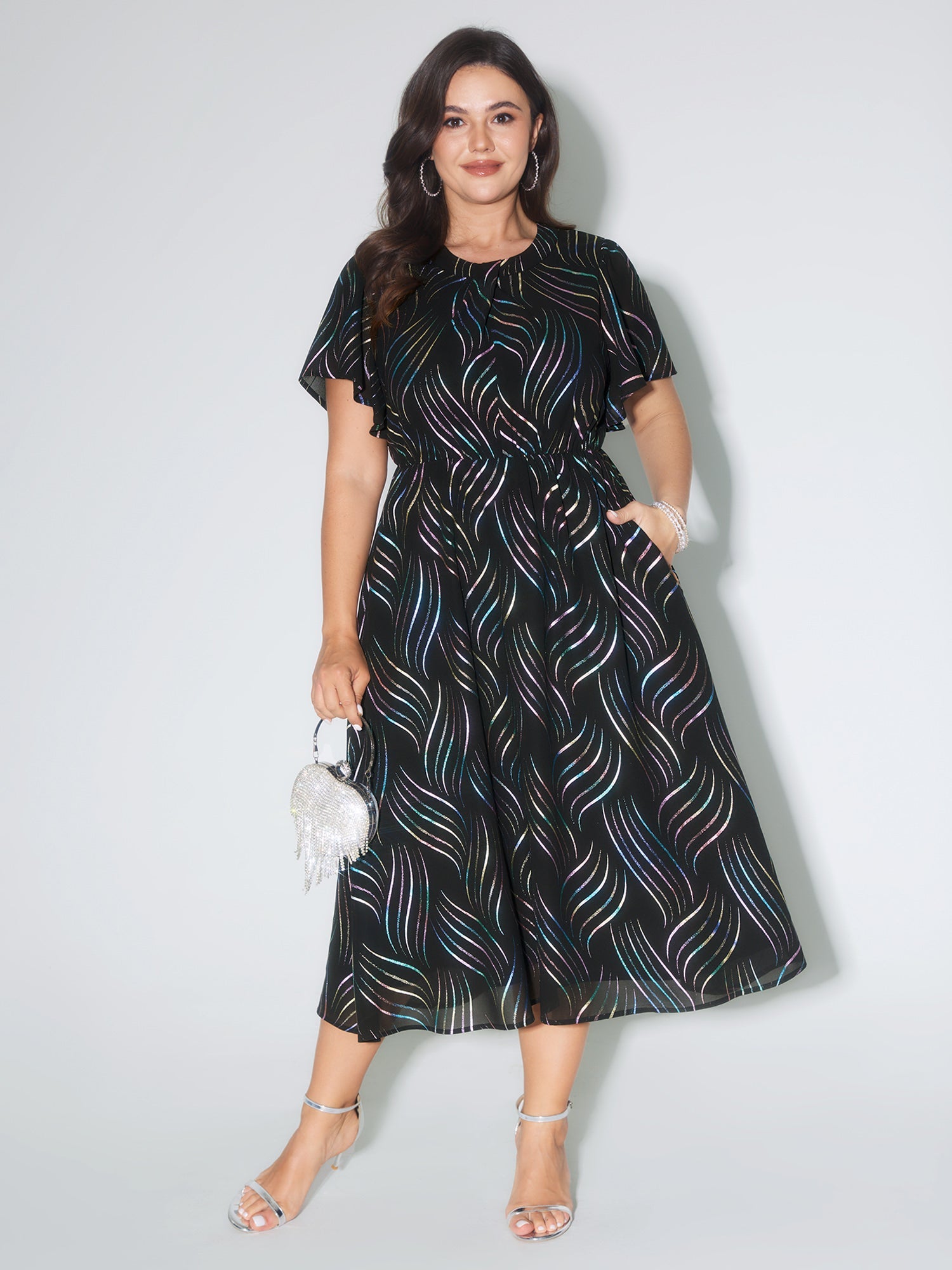 Abstract Print Twisted Neckline Midi Dress