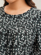 Floral Ruffle Sleeve Gathered Round Neck Blouse