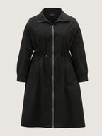 Drawstring Pockets Zipper Long Coat
