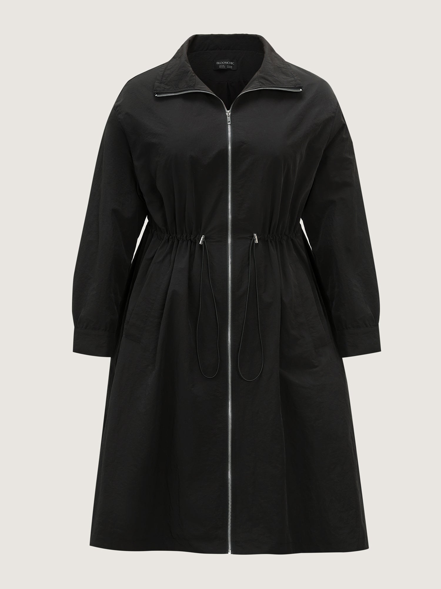 Drawstring Pockets Zipper Long Coat