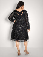 Back Bow Tie Fringe Sequin Midi Dress