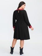 Plaid Collar Pleated Stretchy Waist Midi Dress