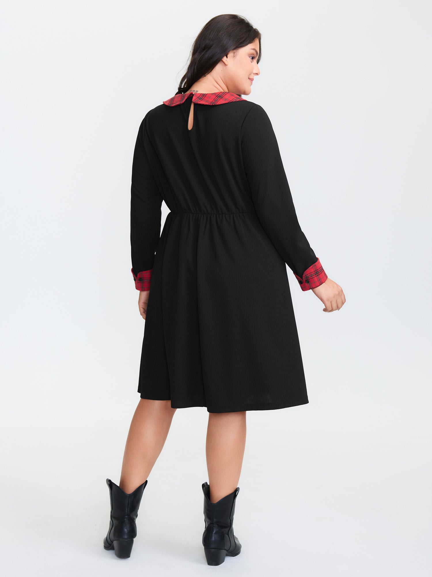 Plaid Collar Pleated Stretchy Waist Midi Dress