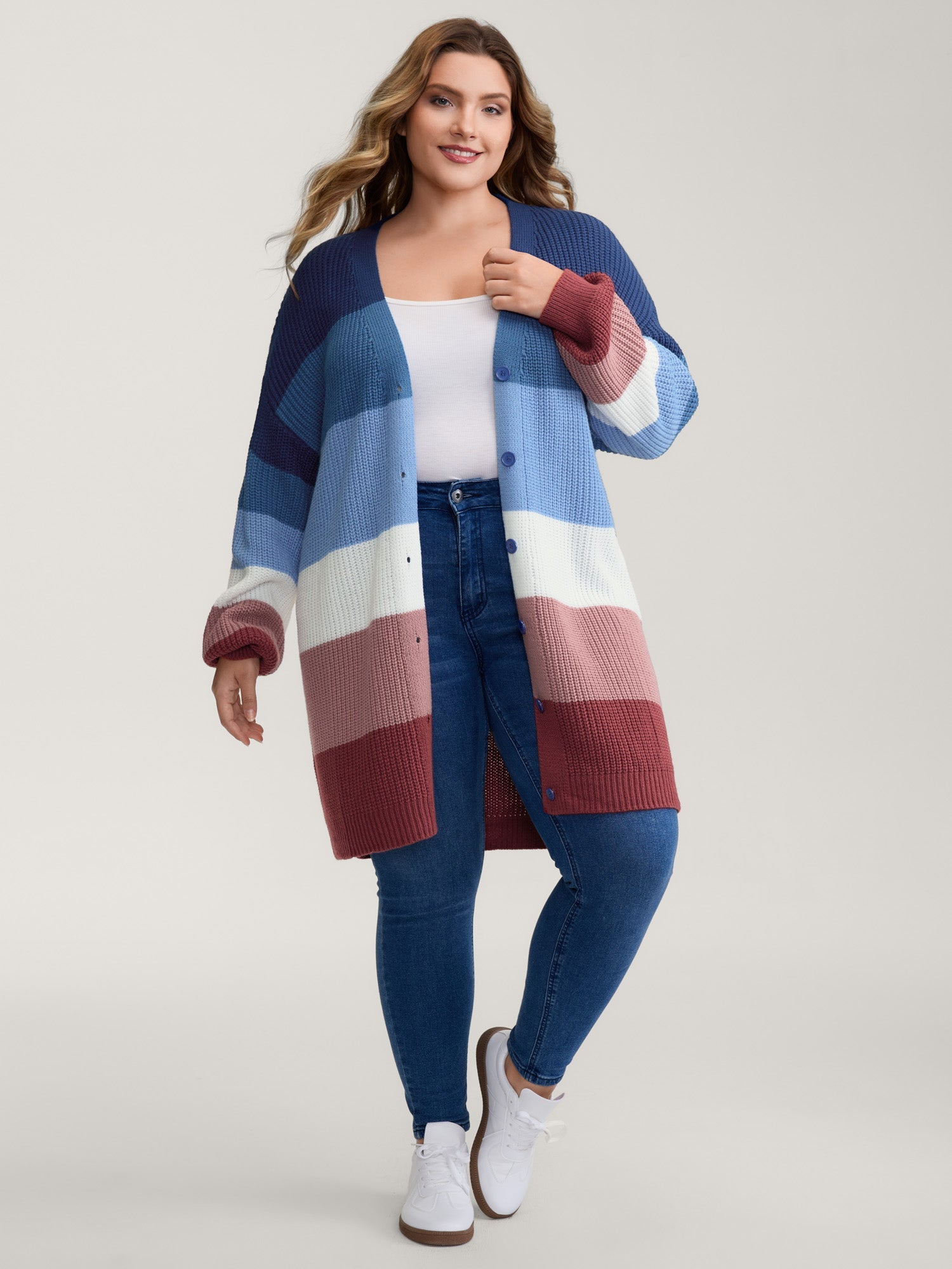 Colorblock Contrast Texture Button Cardigan