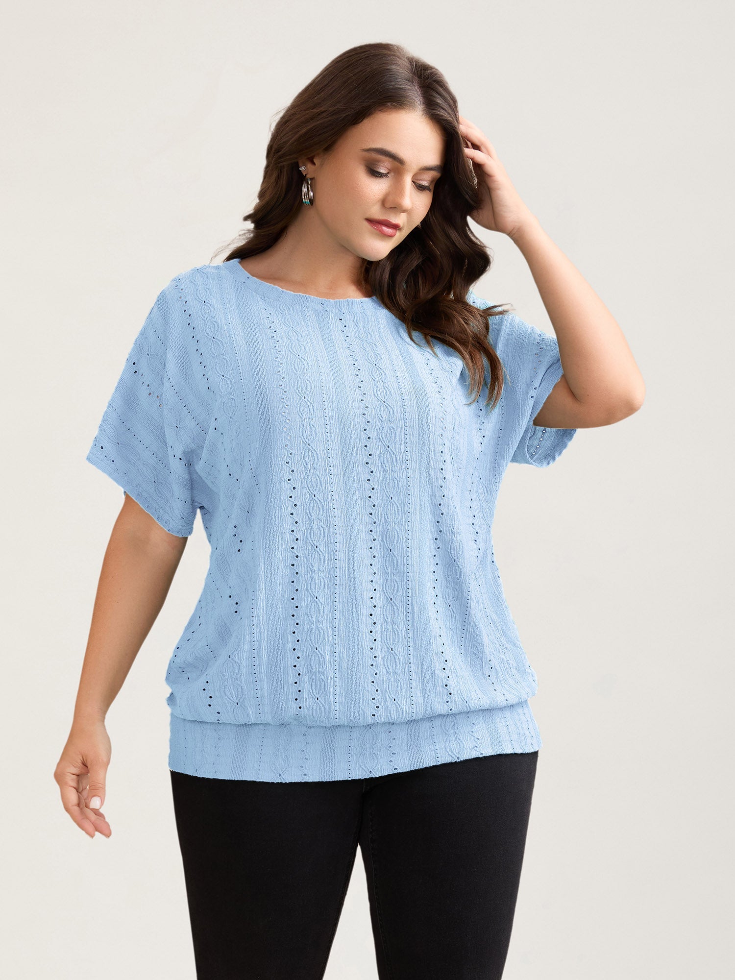 Eyelet Trim Stretchy Textured Plain Top