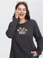 Floral Paws Embroidered Curvy Hem T-Shirt