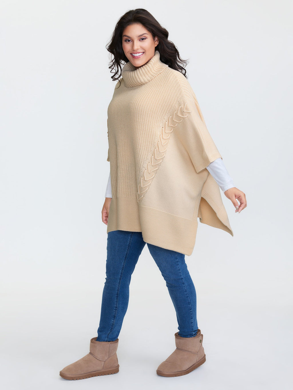 Turtleneck Poncho Cable Knit Pullover